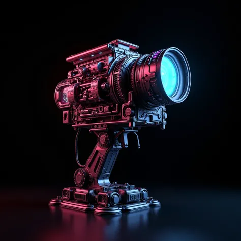 a cinema classic projector but futuristic and cyborg, high-tech, metallic, glowing neon lights, intricate mechanical details, cinematic, dynamic composition, digital art, 3D render, (best quality,4k,8k,highres,masterpiece:1.2),ultra-detailed,(realistic,pho...