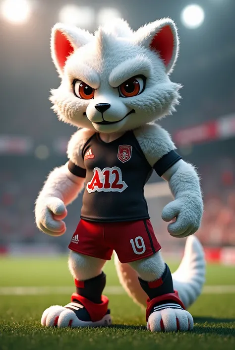 Soccer team mascot in white color, black and red