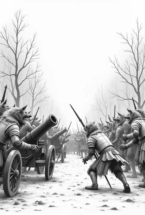  Generate a realistic drawing in black with thick lines and an unshaded white background ,  in the background illustrating a historic battle related to the kingdom of werewolves who are different from each other, with wolf faces ,   wearing white war cloth...