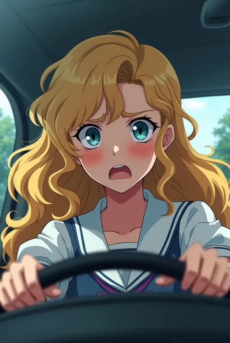 A 20 year old woman long super curly light blonde hair, in a ballerina uniform driving super FAST while having a worried and sad Expression ( Anime style)