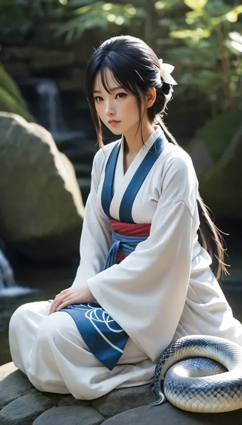 high quality, detailed, Benten is sitting on a large stone playing the biwa with a white snake wrapped around her neck,