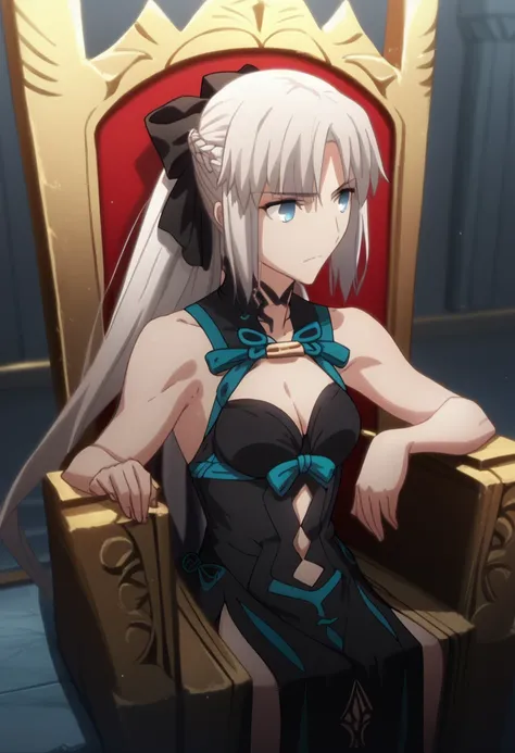 solo, one girl ,Fate/Grand Order,Morgan（Fate）, long hair, gray hair, blue eyes,とても long hair, ponytail, black ribbon, hair bow, French braid, Short Dress ,Sleeveless, cleavage in years, garment cutout,Collarless,pelvic curtain anime,Ufotable,Throne,sit