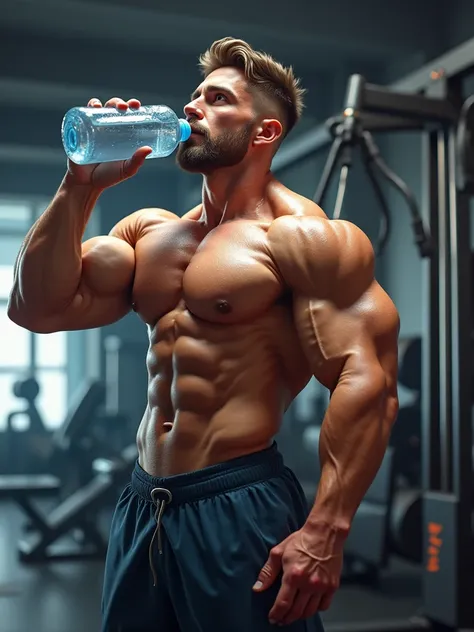 a bodybuilder drinking water after intense workout in gym