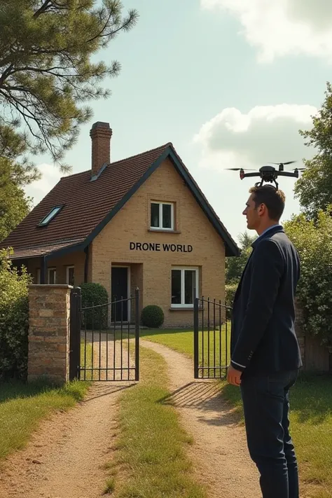 Une maison de campagne en brique, avec une haie autour, des arbres, un portail en métal. En grand au dessus de la porte de la maison écrit "DRONE WORLD".
Devant la maison un homme qui fait signe de la main avec un drone au dessus de sa tête.