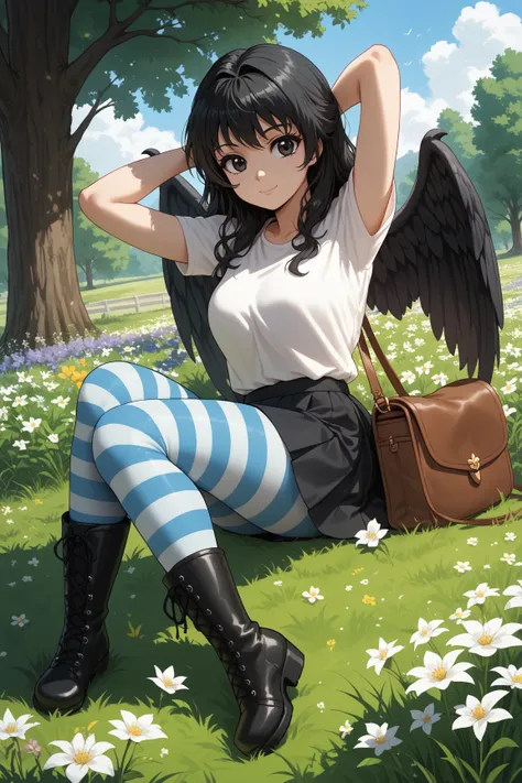 score_9, score_8, score_7, rest, Alone, Isadora _middle, Korean woman ,  black hair, black eye, wings, canine, skirt, shirt,  striped pantyhose, boots,  Over the bag  , armiddles behind head, grass, flower, tree,  cute ,