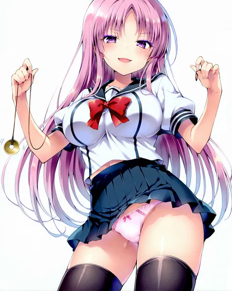 score_9, score_8_up, score_7_up, 1girl,solo, seduce,seductive, thighhighs, medium breasts, 
white background, she is holding a pendulum in one hand (hypnotist holding a pendulum), ((holding pendulum)), holding string, perfect hands, looking at the viewer, ...