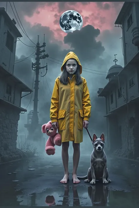 ,sinister art, silent hill vibes, presenting: the girl in the yellow raincoat, 
existential dread, scifi art, dark  surrealism, cerebral horror, space opera horror, disturbing, vivid and deeply unsettling, terrifying::1,4, aaa game aestheticdark psycho man...