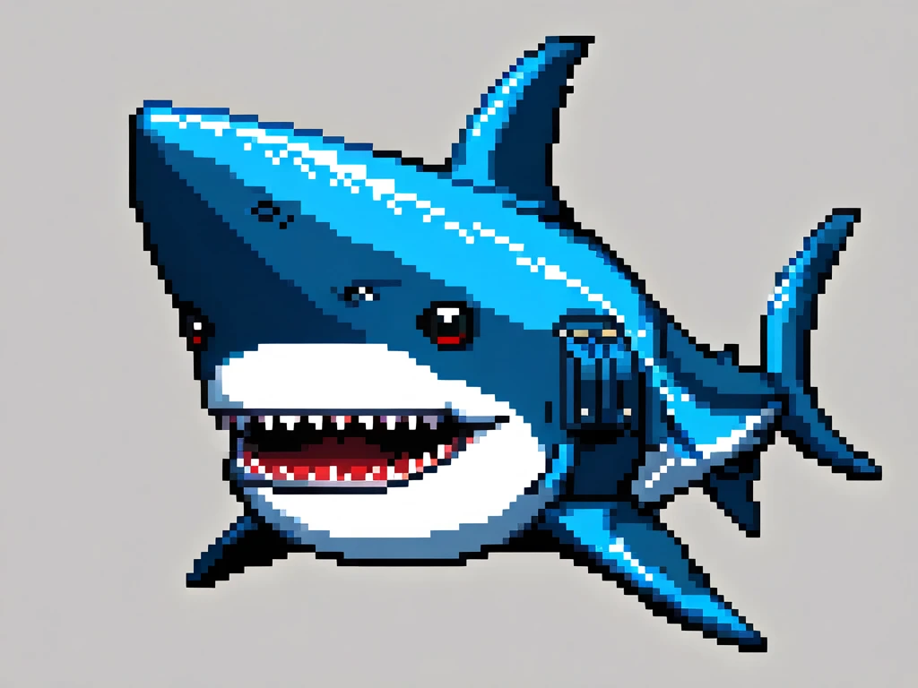 A helmet with some blue shark features，pixel art