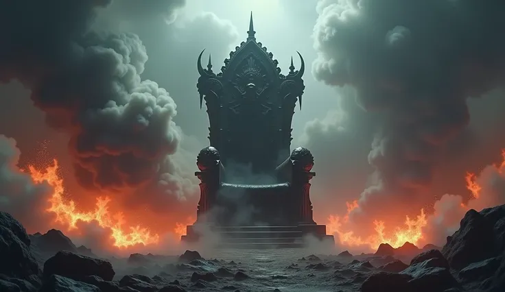 The Hell with a big empty Throne in the middle of the Picture, smoke and fire everywhere.