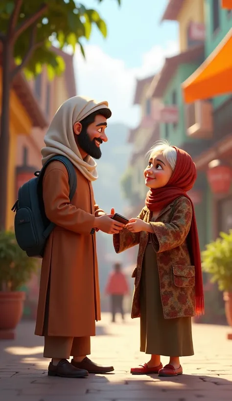 Disney Pixar style (A muslim  returning a lost wallet to an elder, with the parent standing nearby, proud and supportive.
