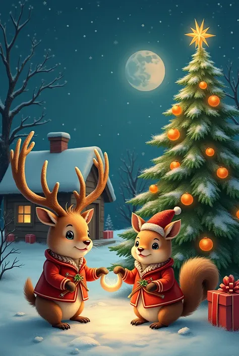 New Years animals ,  among which must be deer and squirrel in saddle suits congratulate on the New Year on the background of the decorated New Year Christmas trees,  next to which holiday gifts ,  tangerines .  In the background is a small hut in which the...