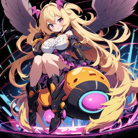 Nazo (Bat and UFO) girl, 1 girl, on top of a big mechanical UFO, bat ears and small wings, bat hooded robe, UFO mechanical frill skirt and mechanical boots, mechanical claw on right hand (weapon), (full body),((harpy girl)), (blonde hair,messy hair, ultra ...