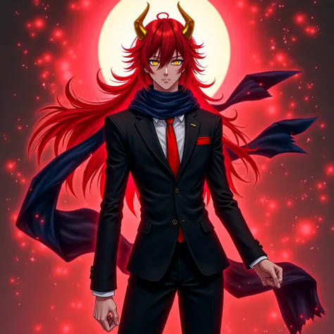  best quality, amazing quality,,anime,young,man, long deep red hair , golden horns ,ojos amarillos,tuxedo black tunic ,red tie, long dark blue scarf , slender body with shapely muscles, Full body , emanating a crimson-colored aura ,