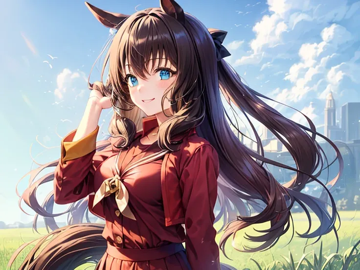 (masutepiece.top-quality:1.3)、1 girl in、Brown Long Hair、Horse-eared girl、Brown horse tail、Red clothes、Red skirt、Hair is fluttering、Raking up your hair、 smiles,  turn eyes,  eyes sparkle, No nose, 走る