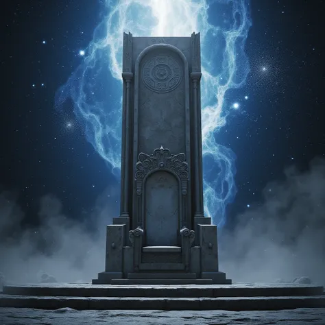 A large gray throne ,  and behind a background of the universe.