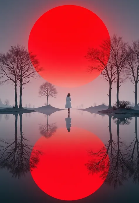  Minimalist composition red sun ，， Mirror reflection of trees and water，Surrealism，clean background，Cinema4D rendering style ， High resolution photograph ，dream scene ， Minimalist Sculpture Art Installation 