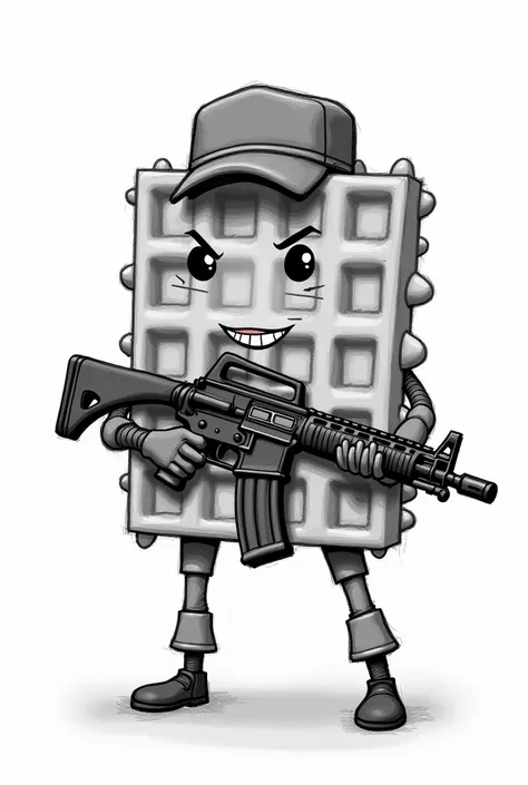  Sketch drawing of a military waffle with a face, with a g36 and cap