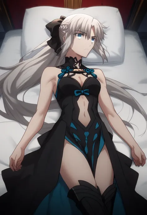 solo, one girl ,Fate/Grand Order,Morgan（Fate）, long hair, gray hair, blue eyes,とても long hair, ponytail, black ribbon, hair bow, French braid, Short Dress ,Sleeveless, cleavage in years, garment cutout,Collarless, pelvic curtain  , black boots , thigh high ...