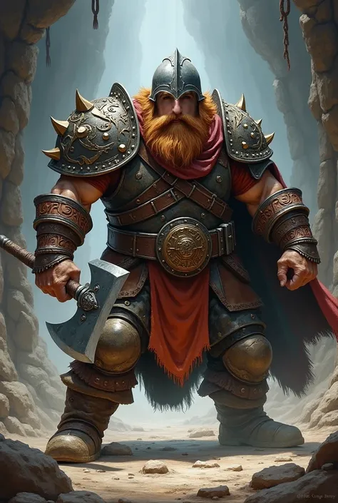 An dwarf warrior, with intricate helmet, aggressive, fighting with axe and sword, dynamic pose, dueling stance. Rich clothes, colorfull , battle equipment, alone, brown beard with some gray hair. Painting style, like Chris Achilleos.m. Behind him is Moria ...