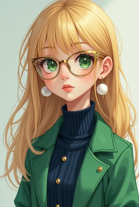 Pretty blonde girl with highlights and straight hair ,  wearing gold metallic cat-shaped glasses .  green eyes,  dressed in phosphorite green jacket and sanitary pants and navy blue cardigan.  tall white pearl earrings 