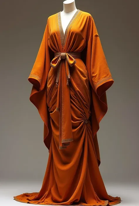 A bou bou kaftan, with a plaket, a collar, a snatched waist and gathers from the side knee line to the hem with a bow on the gathers using a camapala