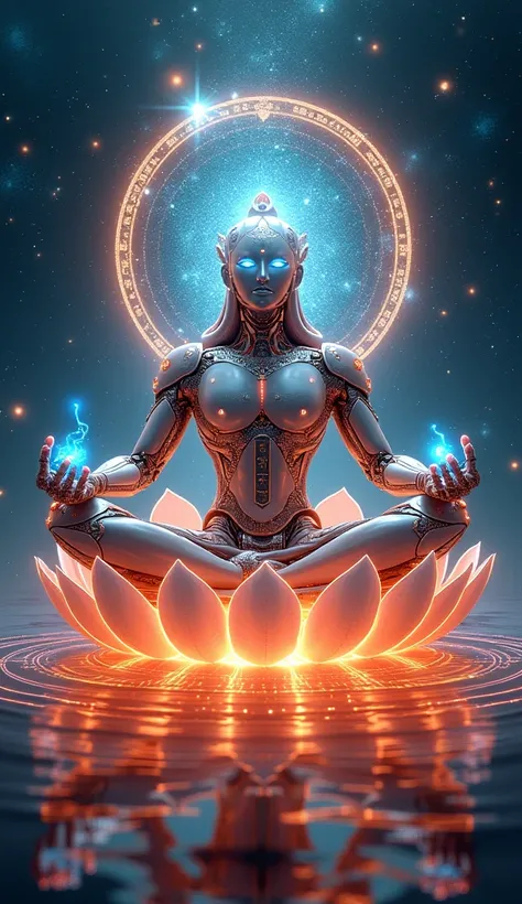 ((masterpiece, highest quality,  High resolution, photorealistic, Extremely detailed CG unified 16k wallpaper))"An awe-inspiring depiction of Lord Brahma in a futuristic form, embodying infinite creation fused with advanced robotic intelligence. He sits on...