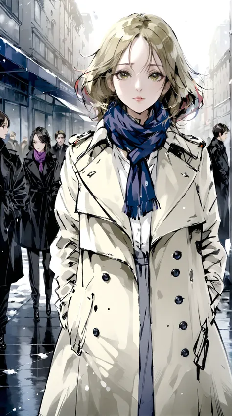  1 girl,  trench coat,  scarf,  look away, Cold breath