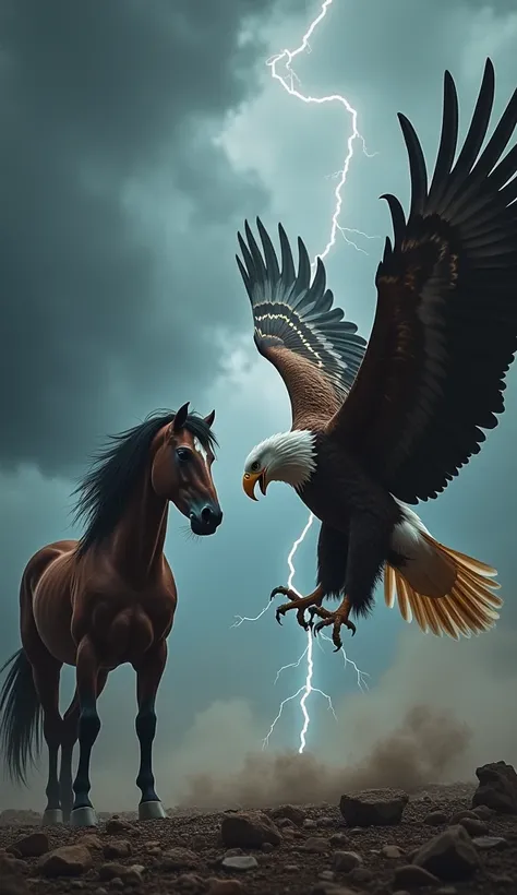 Create a highly detailed image of a powerful horse and a majestic eagle standing opposite each other, both in an aggressive, confrontational stance. The horse, with its nostrils flaring and muscles tensed, stands firm on the ground, while the eagle, wings ...