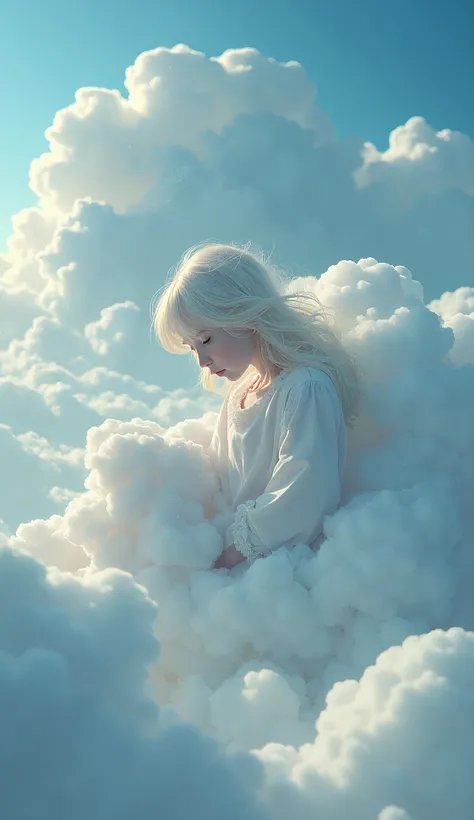 A cloud in the shape of a girl, Sitting leaning against a big cloud, Im peeking into the underworld