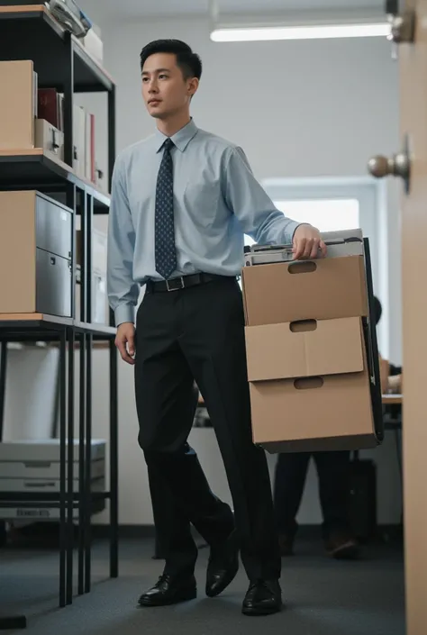 Create a realistic photo of my helping out his co-workers by helping them carry a bunch of files, Caucasian, mid 40s, office uniform. Best quality, 4k, unreal engine, volumetric lighting, realistic, ultra realisic.