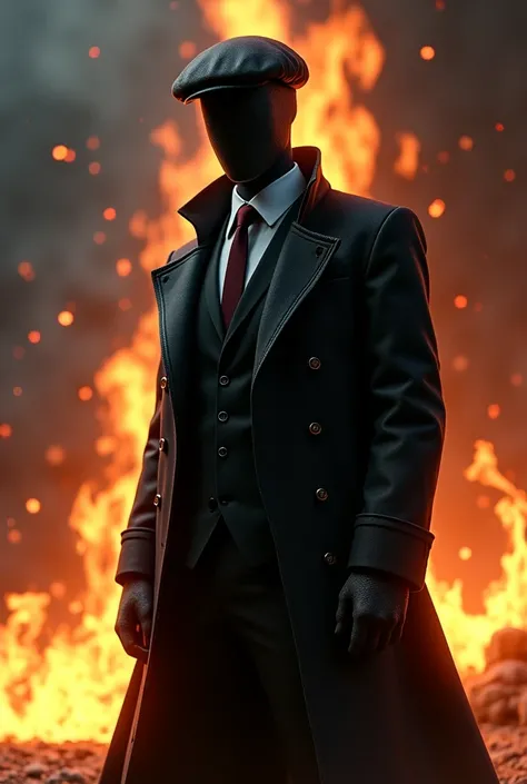 realistic animation faceless man with overcoat, Suit, beret and scales in the background on fire. dark colors and awesome aura