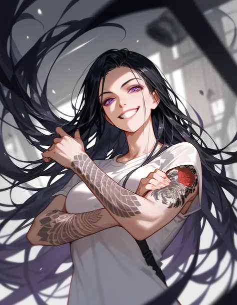  black hair,Long hair, in purple eyes,Very long-sleeved prisoner shirt without hands,Teared smile , full arm tattoo ,Murderer, assassin 