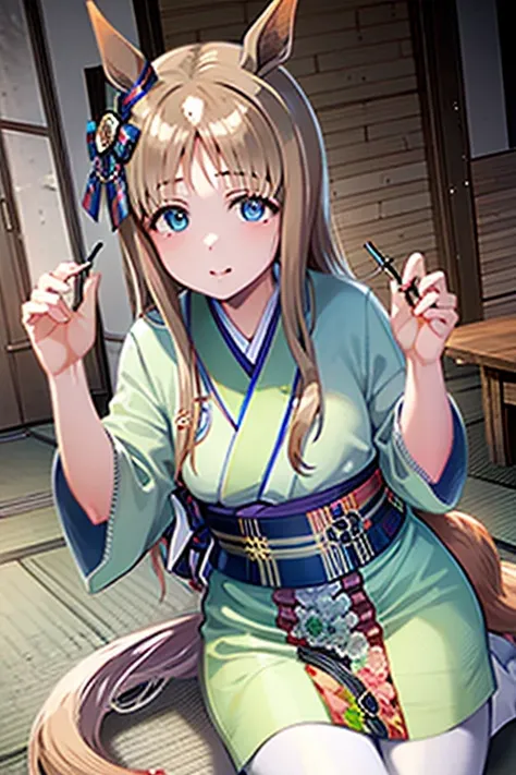 ((Glass Wonder))、(( Uma Musume))、Im starting to write 、calligraphy、 wearing a green Japanese kimono、 tatami room 、Japanese-style room