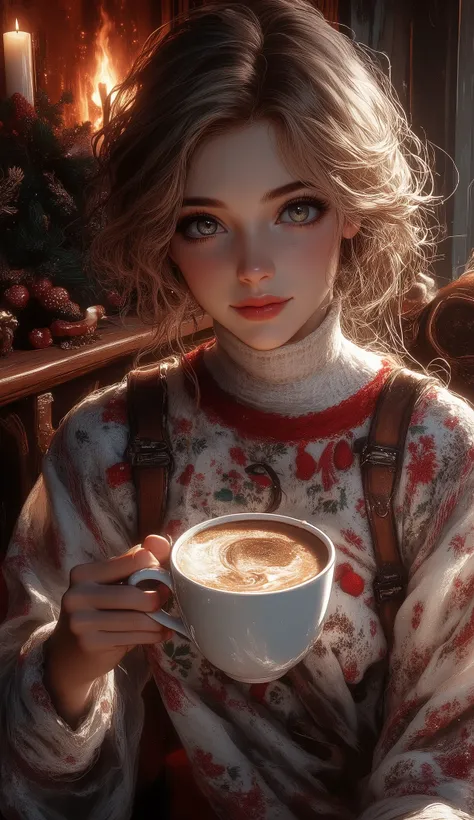 A beautiful woman with beautiful eyes:1.2, detailed eyes, beautiful full lips, highly detailed eyes and faces, long eyelashes, cute expression, smile, sitting:1.4, holding a cup of hot latte, homely background, Christmas sweater, fireplace, warm light, det...