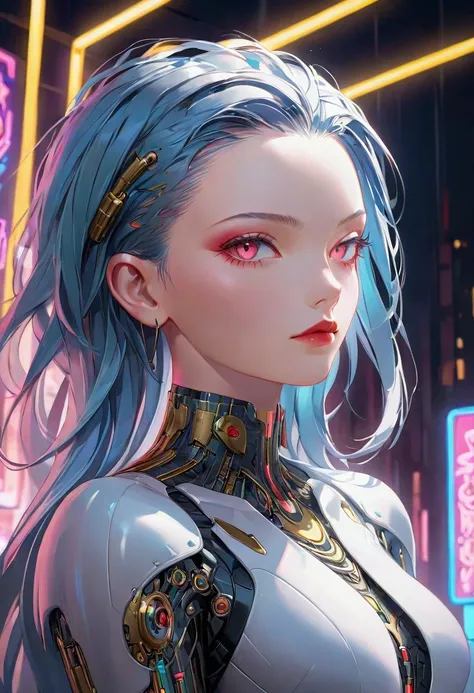 A closeup of the face of an anime girl with neon lights, cyberpunk style, digital art, in the style of James Jean and Peter Mohrbacher, dark background, intricate details, vibrant colors, surreal atmosphere