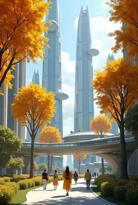 utopian advanced city with golden leaf trees