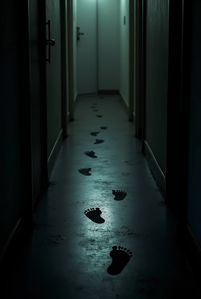  A dark corridor with distinct moist footprints on the floor,  that lead in the opposite direction to the one Sofia entered .  The bedroom light partially illuminates the floor , highlighting the creepy marks .