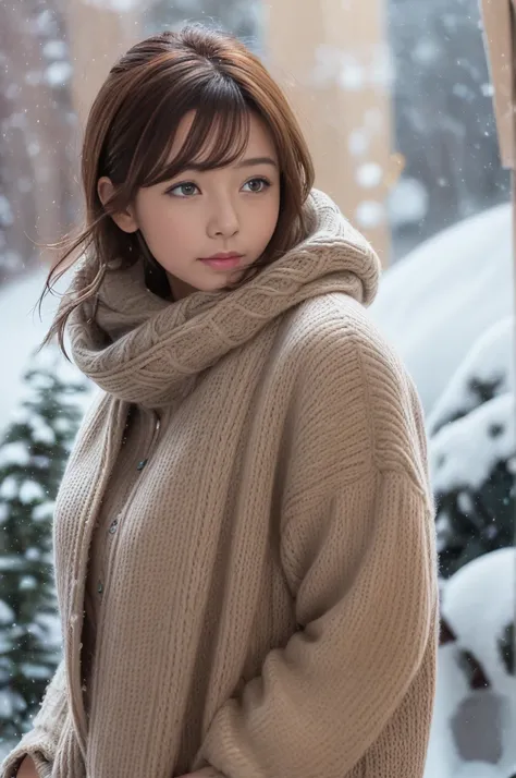 (8k, RAW photo, photorealistic, HQ, masterpiece), a cute Japanese girl,(glowing eyes), from side, profile, 
(laugh), brown hair, fluffy Pixie Bob hair, large breasts, (Stylish winter outfits, Scarf, coat, long skirt), 
standing pose, Seductive pose, (snows...