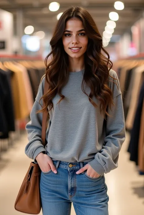 Il s’agit d’une photographie en haute résolution d’une femme latine, probablement au milieu de la vingtaine, elle fait une photo dans un magasin d’habits pour femme avec des sacs dans les mains. Elle porte un jean et un pull gris ce qui met en valeur sa si...