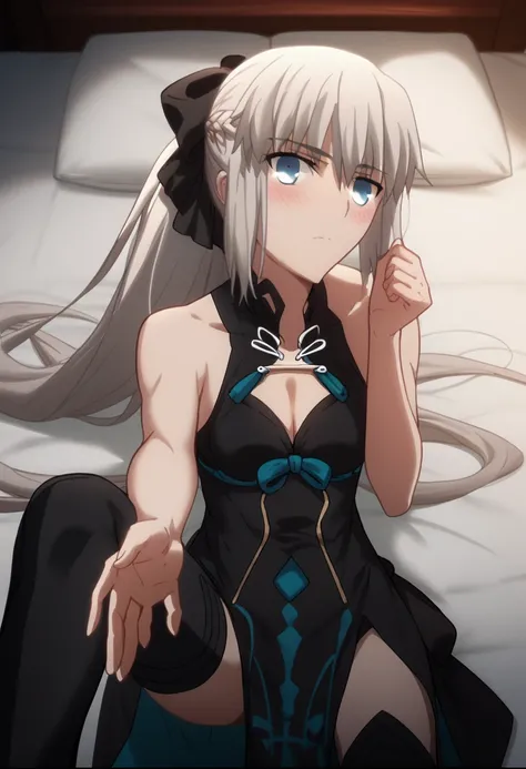 solo, one girl ,Fate/Grand Order,Morgan（Fate）, long hair, gray hair, blue eyes,とても long hair, ponytail, black ribbon, hair bow, French braid, Short Dress ,Sleeveless, cleavage in years, garment cutout,Collarless, pelvic curtain  , black boots , thigh high ...