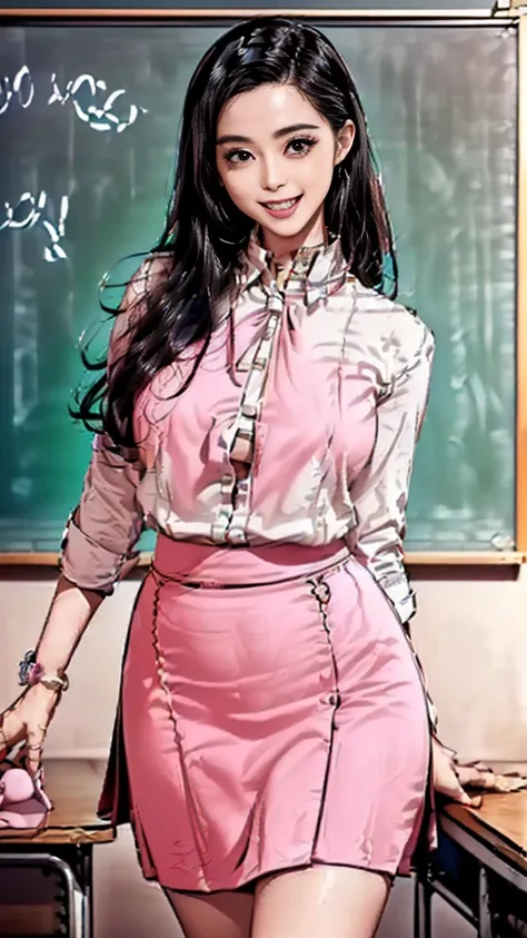 (best quality:2.0), (extremely detailed:2.0), (highly detailed:2.0),(Wearing the Tōjō Academy English teacher uniform, a white blouse paired with a blue skirt, standing confidently in front of the classroom podium with a graceful smile, radiating a free-sp...