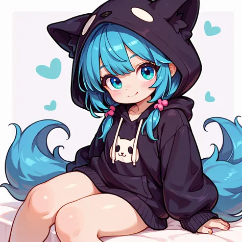 "A young girl with bright blue hair , twintail , bright skin, and the soft expression , wearing an oversized black hoodie. Wolf hood .  The girl sitting.  The background is black ,  gives full focus to the character of the girl ,cute chibi."