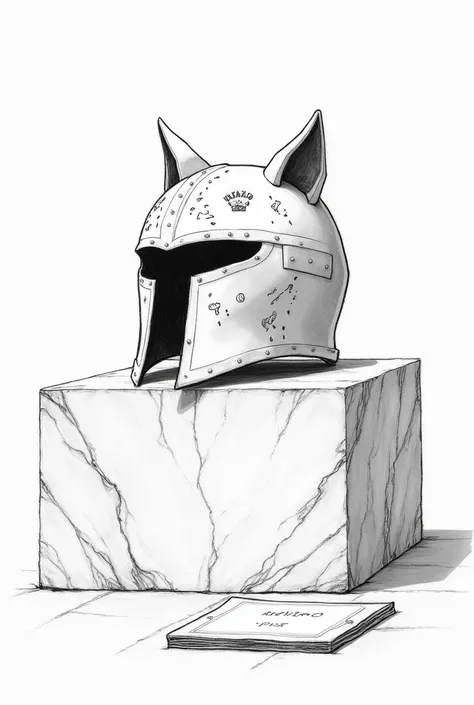  Generate a realistic drawing in black with thick lines and an unshaded white background , of a white helmet with wolf inscriptions ,  on top of a rectangular column of white marble ,  where there is a plate with the description of the werewolf who owns th...