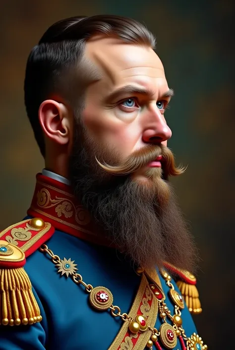 a close up of a man in a uniform with a beard, a portrait inspired by Nikolay Makovsky, flickr, qajar art, great emperor of russian empire, nicholas ii of russia, portrait of alexander abdulov, imperial russia, vladimir motsar, young tsar, great king of st...