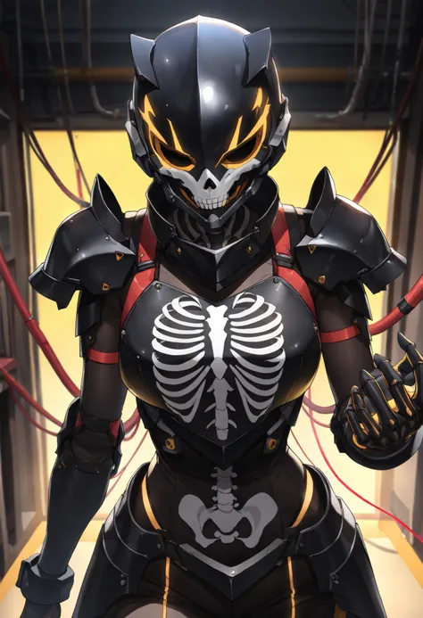 1girl, black armor, skeleton print, yellow lighting, black helmet mask, red cable, blue cable (best quality,4k,8k,highres,masterpiece:1.2),ultra-detailed,concept art,digital art,detailed facial features,sharp focus,cinematic lighting,vibrant colors,dynamic...