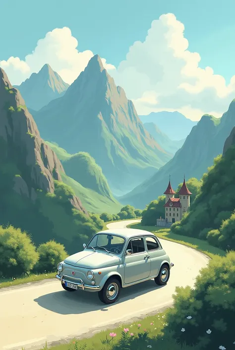 CREATE A 2D ILLUSTRATION OF A SIMPLE SILVER FIAT PALIO 2009 CAR ON THE ROAD WITH MOUNTAINS STUDIO GHIBLI STYLE
