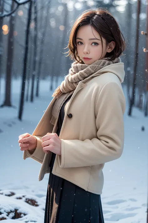 (8k, RAW photo, photorealistic, HQ, masterpiece), a cute Japanese girl,(glowing eyes), from side, profile, 
(laugh), brown hair, fluffy Pixie Bob hair, large breasts, (Stylish winter outfits, Scarf, coat, long skirt), 
standing pose, Seductive pose, (snows...