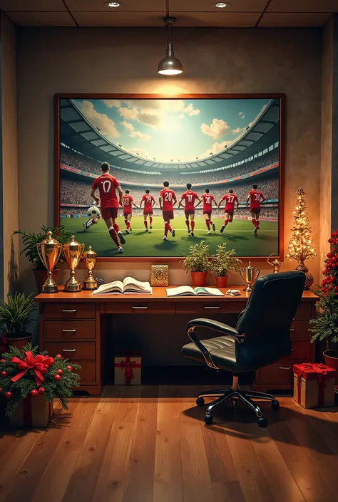 Generate an image for me that is Christmas, that is, in an office, that some trophies appear, a hut and above it, a large painting that is all about an environment. About football.


In a panoramic format that works for Instagram