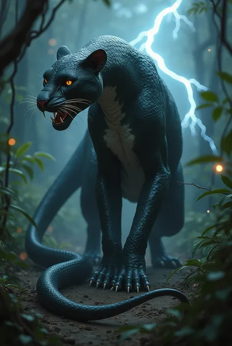 "Create a hybrid creature combining the features of a [snake] and a [panther] into a single, monstrous entity. This hybrid should have the sleek body of a panther, with scales replacing its fur, and the tail of the snake, long and winding with venomous fan...