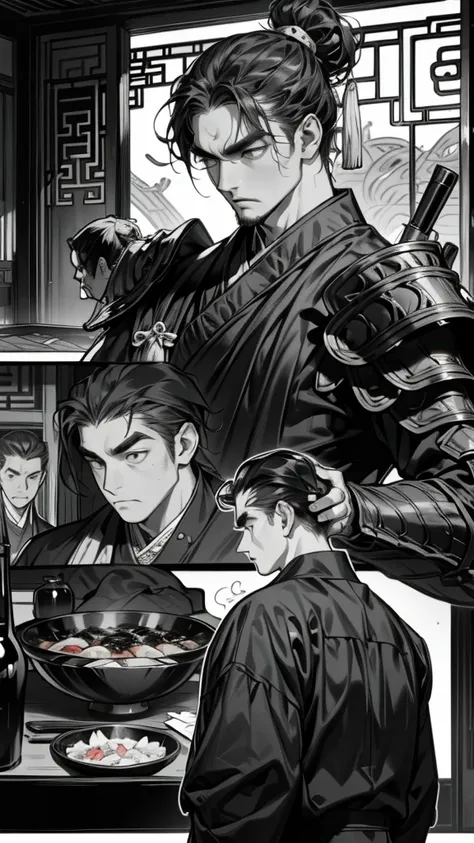    Black and White、  man wearing Chinese style armor with spare ribs、4 scenes 、Yakiniku final scene  、